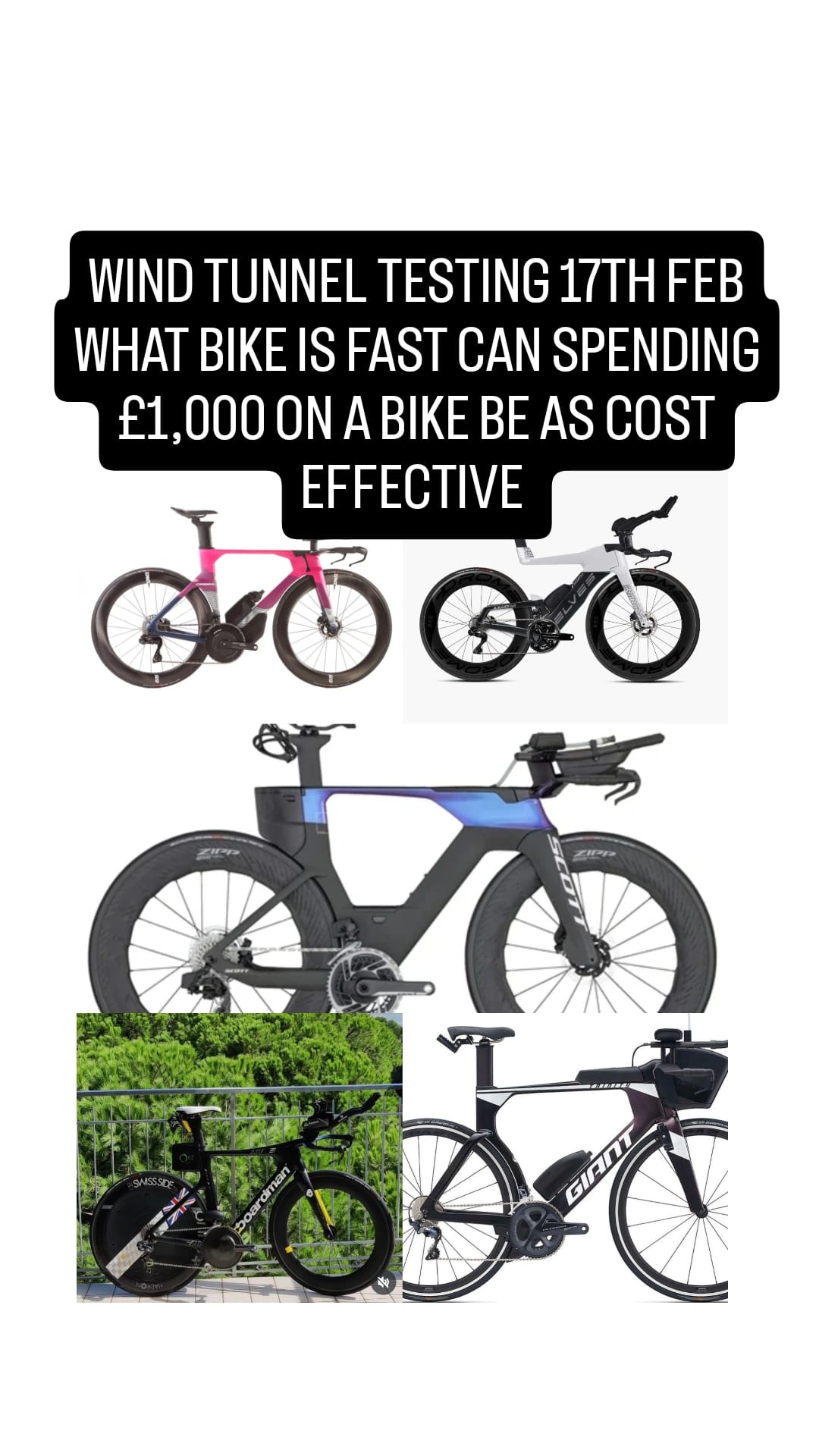 Comparison of fast triathlon bikes for wind tunnel testing under £1,000 budget.