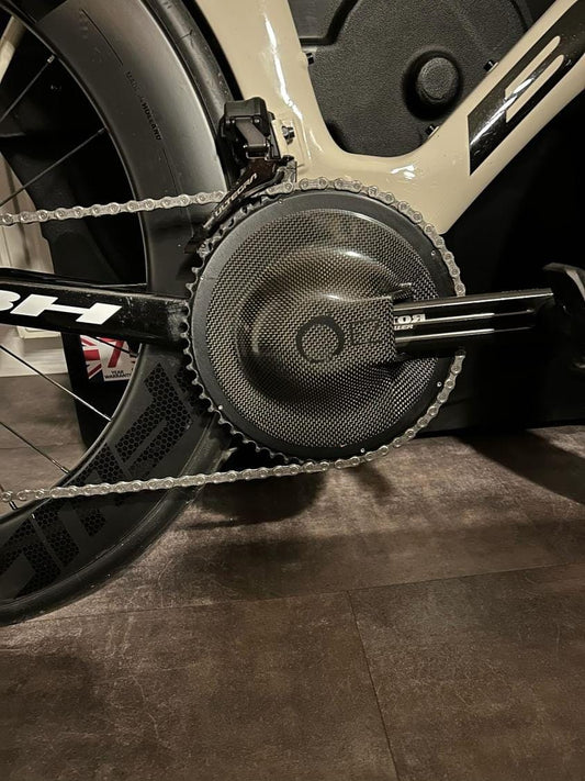 Rotor crank fitted with an EZ Aero Chainring Cover to make you go faster in Time Trial and Triathlon.