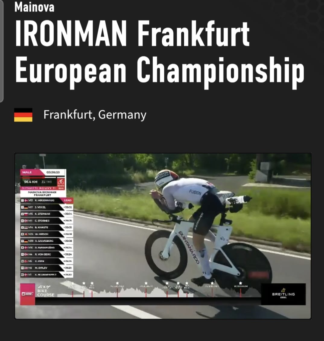 Triathlete riding a time trial bike during the IRONMAN Frankfurt European Championship.