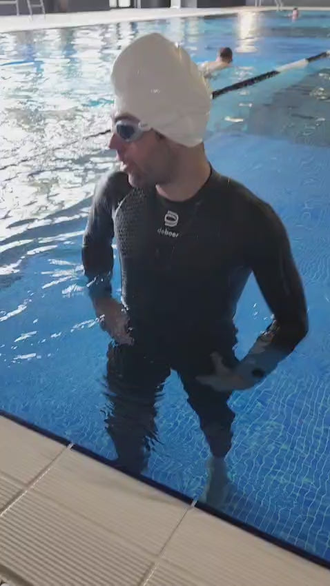 Load video: Swim heat test done intensive sets in a 28c pool in wetsuits to phsically feel the affect of keeping the head cool. It's absolutely clear the effects are measurable and the EZ Hydro-Glide will play a massive part in swim saftety and the elevation of the sport.